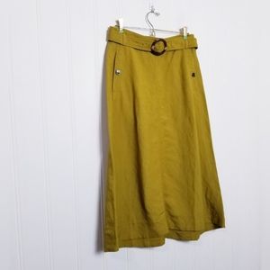 Ann Taylor Linen Blend Midi Skirt Womens Size 2 Golden Yellow Belted A-Line